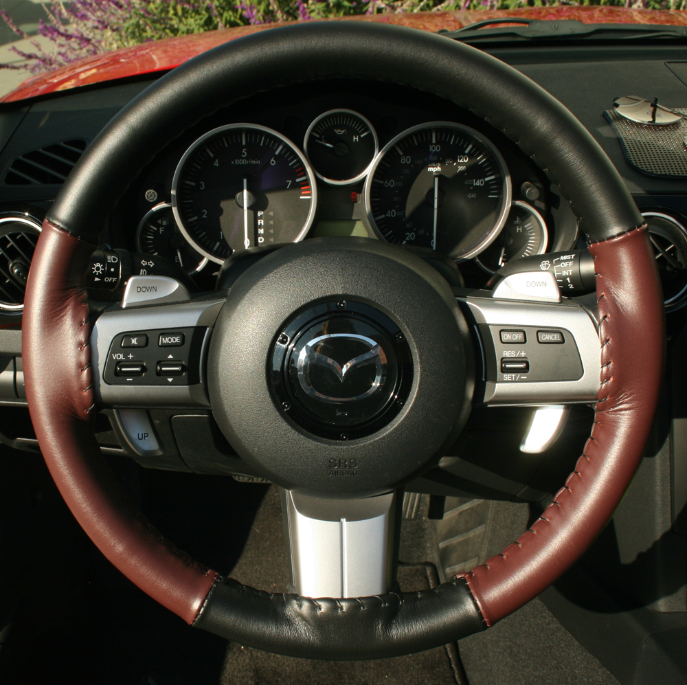 Wheelskins leather steering wheel cover installed on Mazda